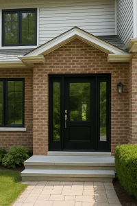 A high-resolution photograph of a modern home exterior featuring a stylish front door and large windows, showcasing ideal curb appeal upgrades for 2025.