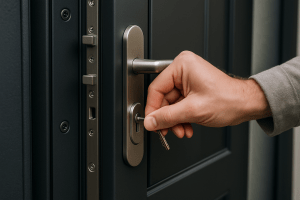 Close-up of a hand locking a modern multi-point front door lock, showing strong hinges and durable construction.