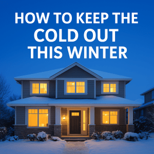 A cozy two-story home with warm interior lighting stands in a snowy yard at dusk, showcasing energy-efficient windows and doors that keep the cold out during winter.